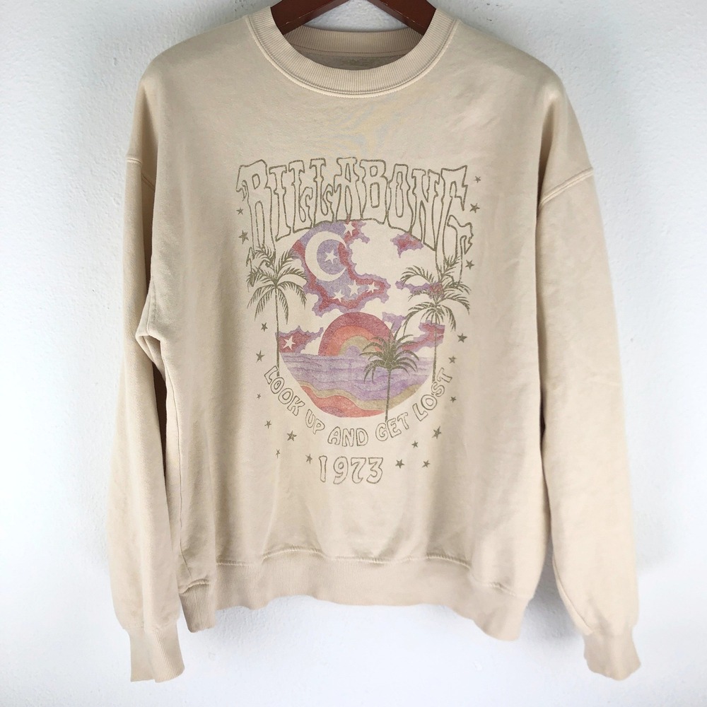 Surf Beach Boho Hippie Festival Billabong 1973 Graphic Sweatshirt Sand Tan L XL
